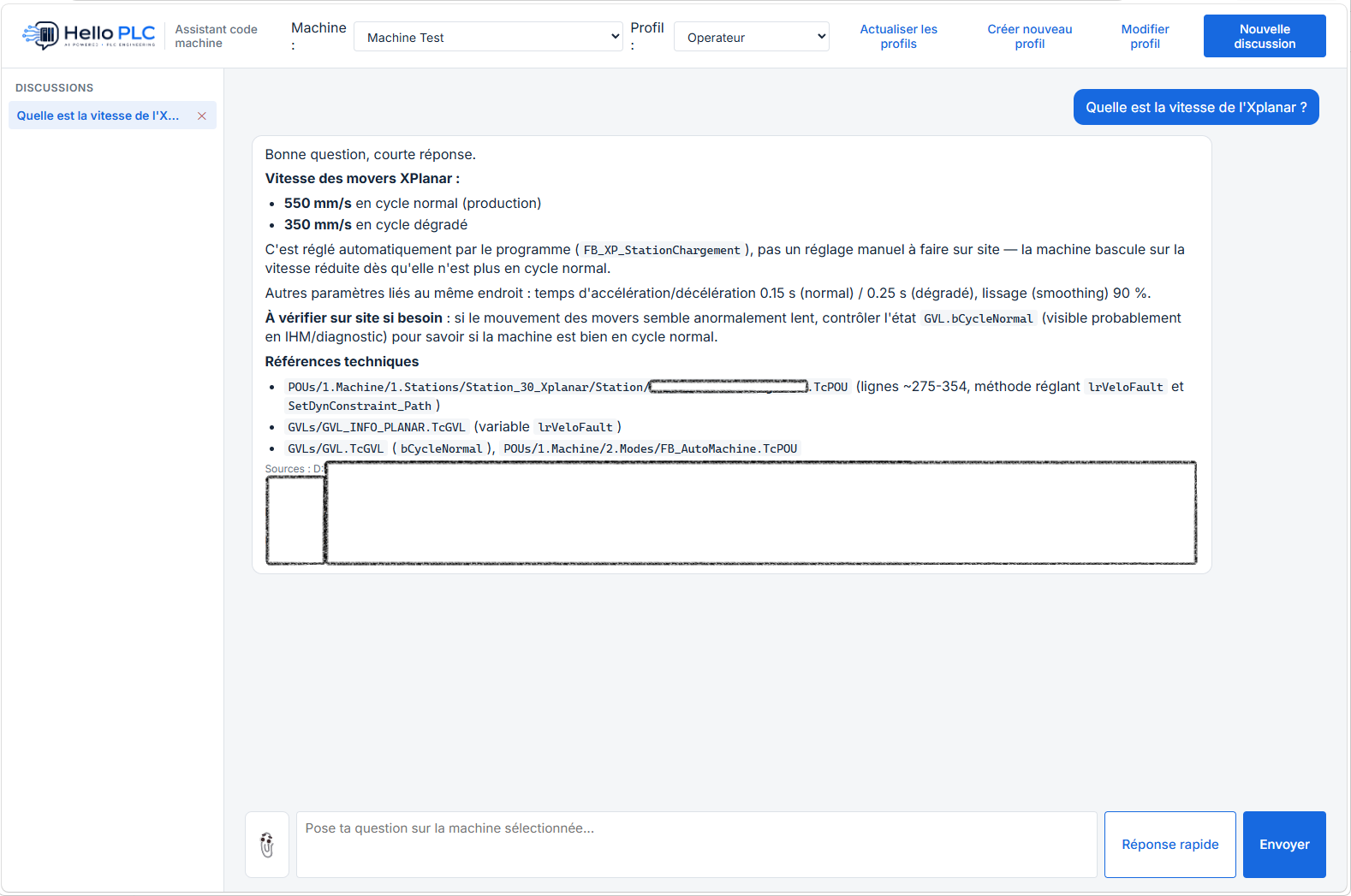 Réponse de l'assistant en profil Opérateur : 550 mm/s en cycle normal, 350 mm/s en cycle dégradé, bascule automatique