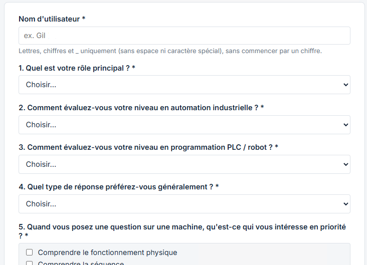 Questionnaire de création de profil utilisateur de l'assistant Hello PLC : rôle, niveau en automation, niveau en programmation, type de réponse préféré