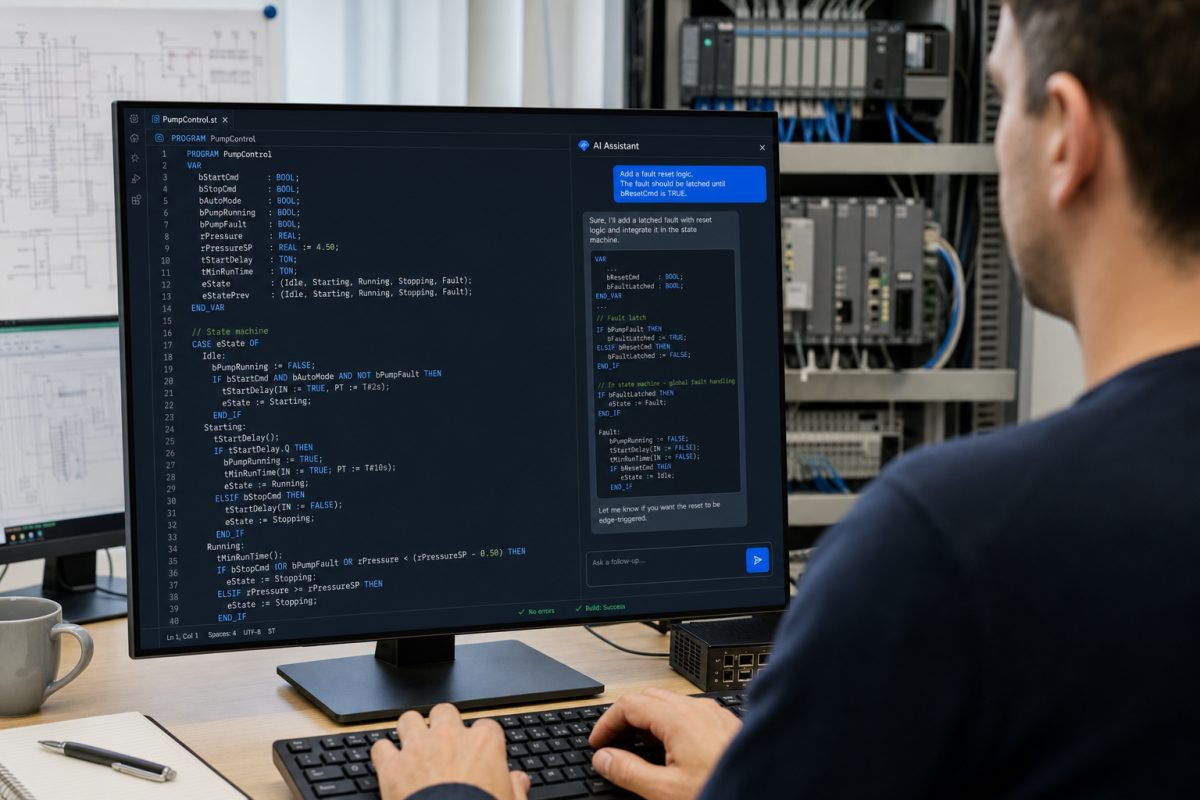 Illustration d'un programmeur travaillant sur un projet automate, avec un assistant IA affiché à côté du code