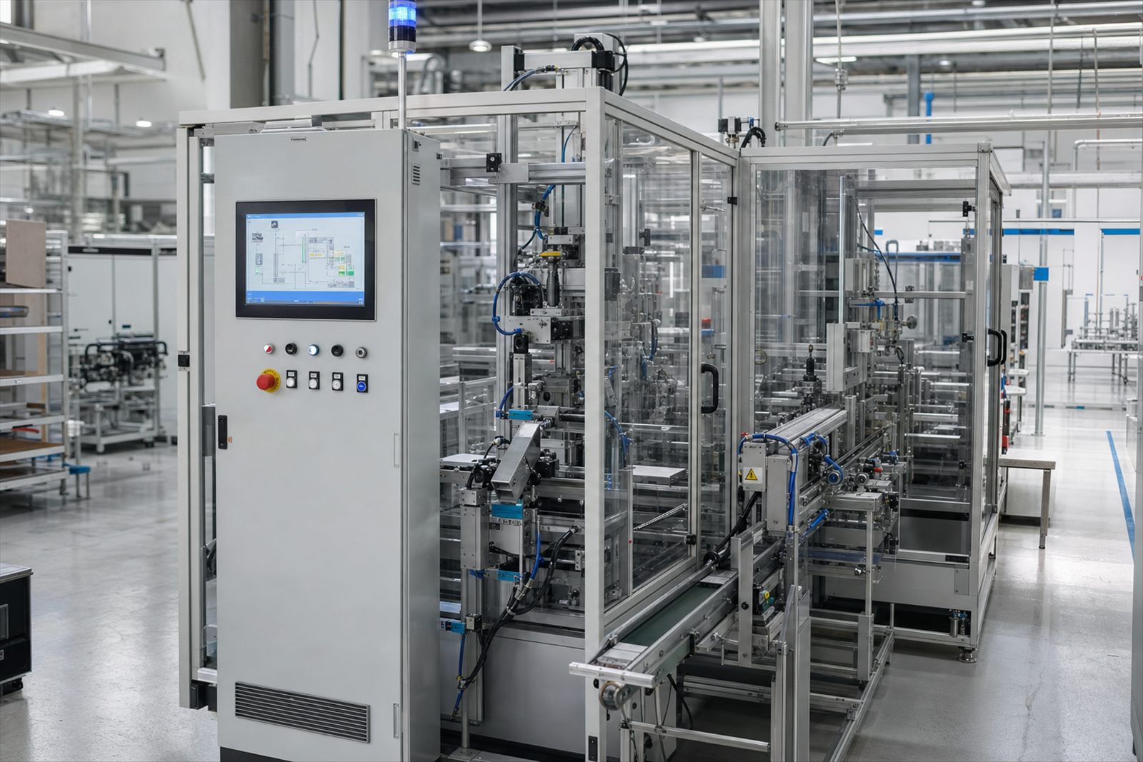Machine spéciale d'assemblage automatisée pilotée par automate, avec armoire de commande et écran HMI