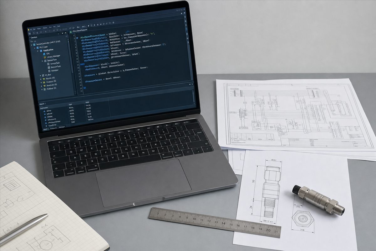 Poste de travail d'ingénieur avec ordinateur portable affichant du code, schémas techniques et composant industriel