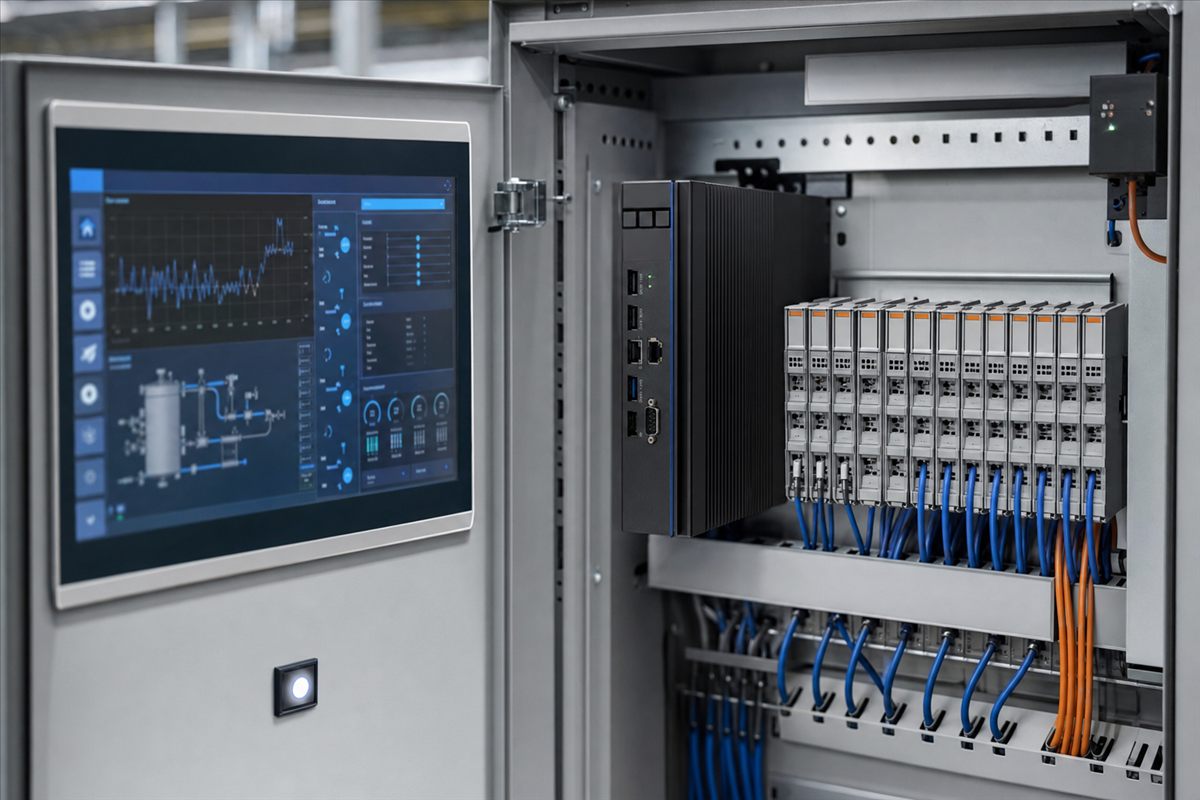 Armoire de commande industrielle ouverte, avec écran HMI affichant une interface de supervision